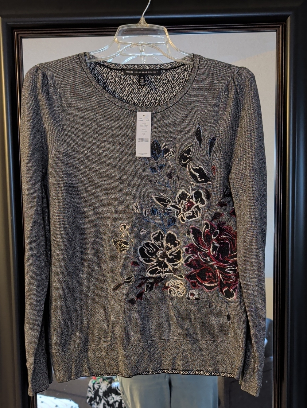 White House Black Market Gray Knit Sweater Top with Floral Embroidery